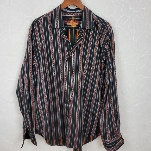 Robert Graham Mens Shirt Size XL Black Orange Button Down Striped Flip Cuff - Picture 16 of 16